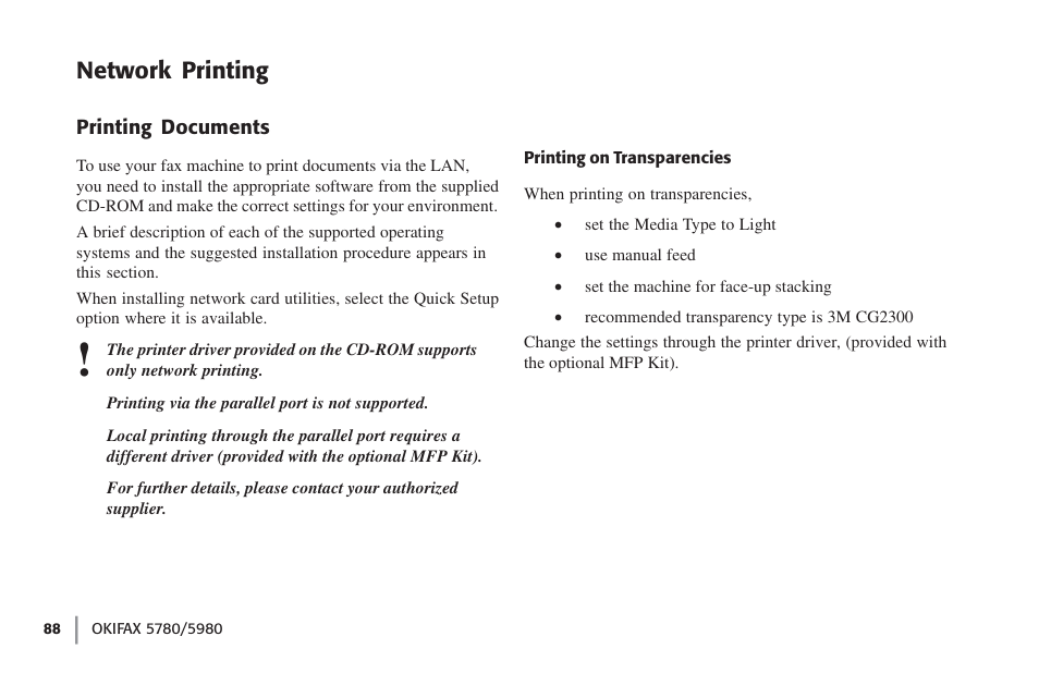 Network printing, Printing documents, Printing on transparencies | Oki FAX 5780 User Manual | Page 88 / 114