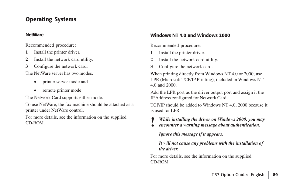 Operating systems, Netware, Windows nt 4.0 and windows 2000 | Netware windows nt 4.0 and windows 2000 | Oki FAX 5780 User Manual | Page 89 / 114