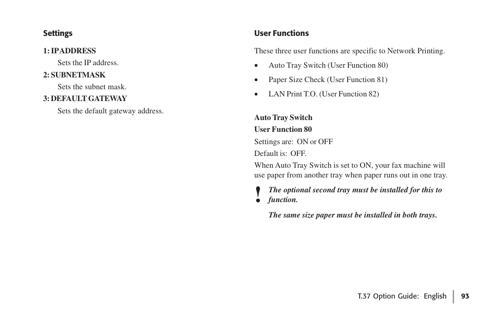 Settings, User functions, Settings user functions | Oki FAX 5780 User Manual | Page 93 / 114