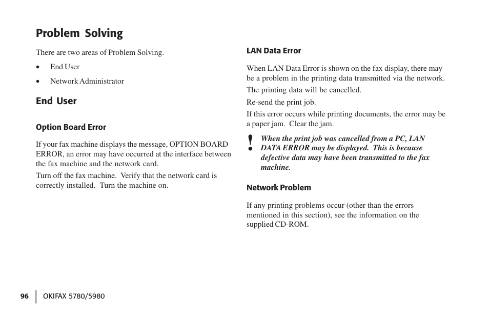 Problem solving, End user, Option board error | Lan data error, Network problem, Option board error lan data error network problem | Oki FAX 5780 User Manual | Page 96 / 114