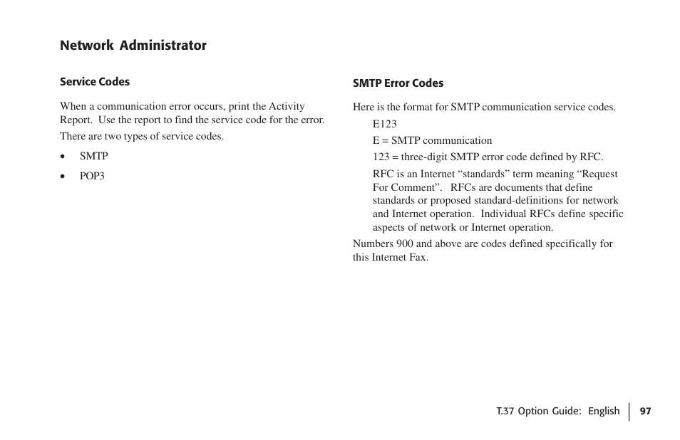 Network administrator, Service codes, Smtp error codes | Service codes smtp error codes | Oki FAX 5780 User Manual | Page 97 / 114