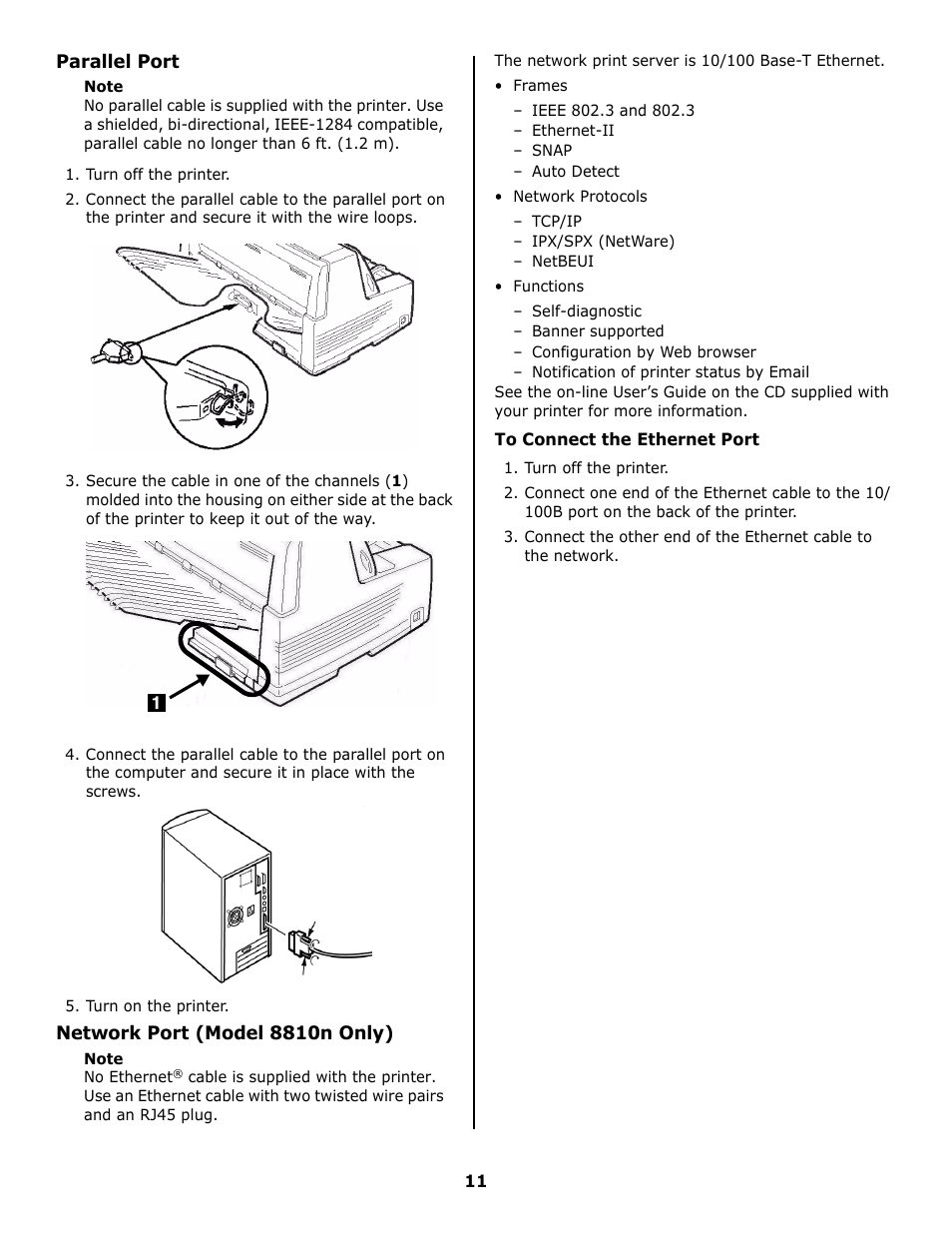 Parallel port, Network port (model 8810n only), To connect the ethernet port | Oki 8810 User Manual | Page 11 / 44