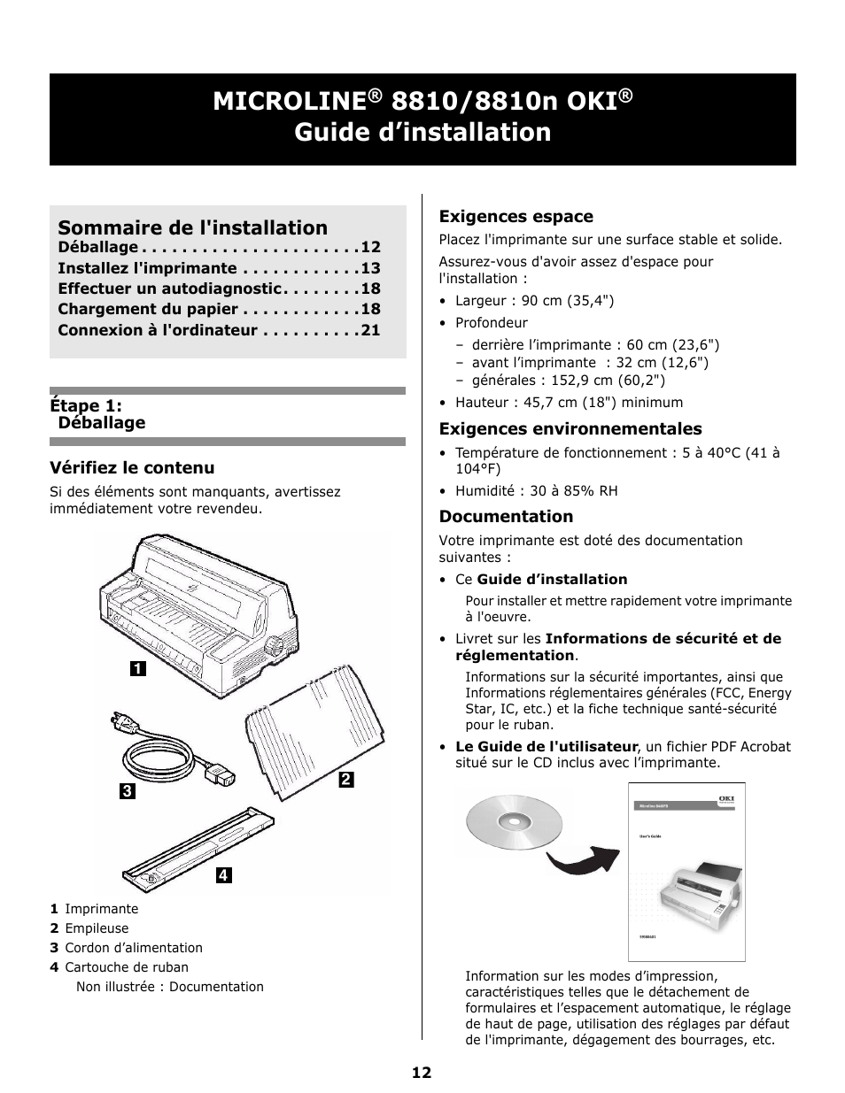 Microline® 8810/8810n oki, Guide d’installation, Sommaire de l'installation | Étape 1, Déballage, Vérifiez le contenu, Exigences espace, Exigences environnementales, Documentation, Microline | Oki 8810 User Manual | Page 12 / 44