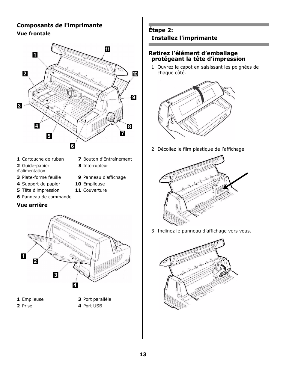 Composants de l'imprimante, Vue frontale, Vue arrière | Étape 2, Installez l'imprimante | Oki 8810 User Manual | Page 13 / 44