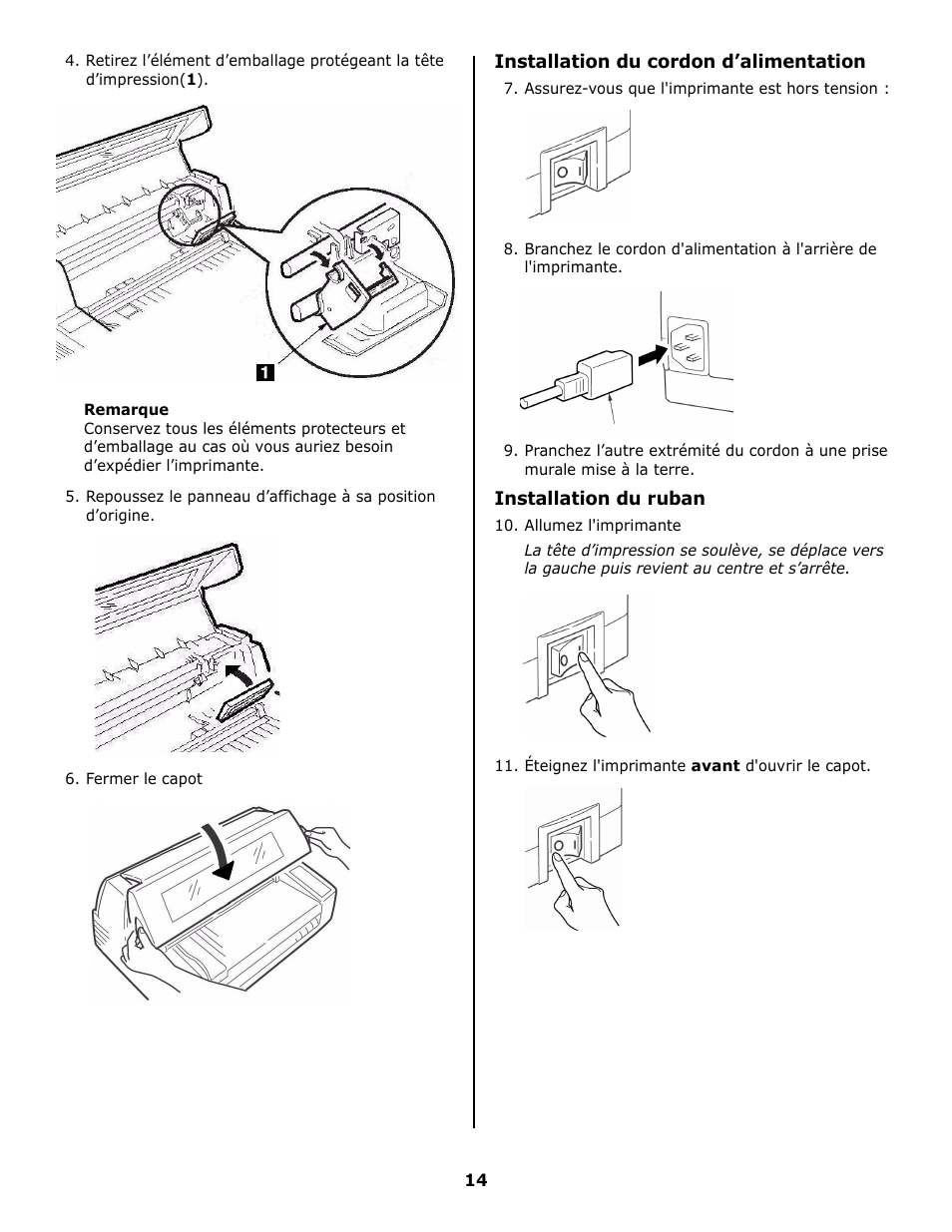 Installation du cordon d’alimentation, Installation du ruban | Oki 8810 User Manual | Page 14 / 44