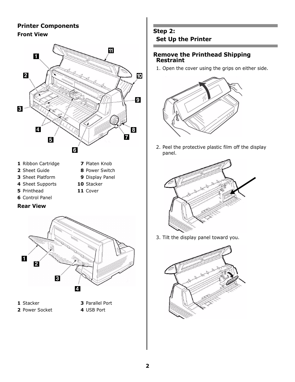 Printer components, Front view, Rear view | Step 2, Set up the printer, Remove the printhead shipping restraint | Oki 8810 User Manual | Page 2 / 44