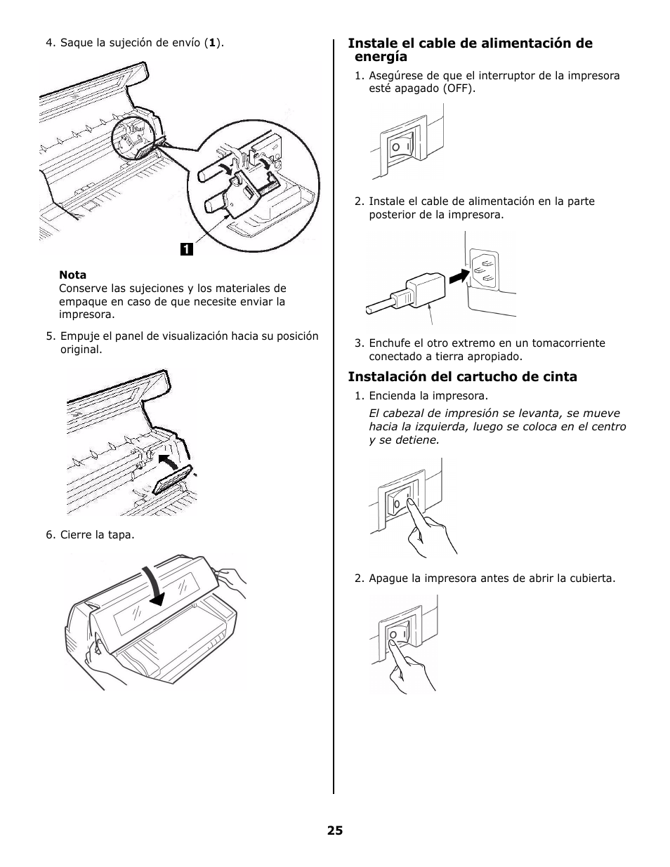 Instale el cable de alimentación de energía, Instalación del cartucho de cinta | Oki 8810 User Manual | Page 25 / 44