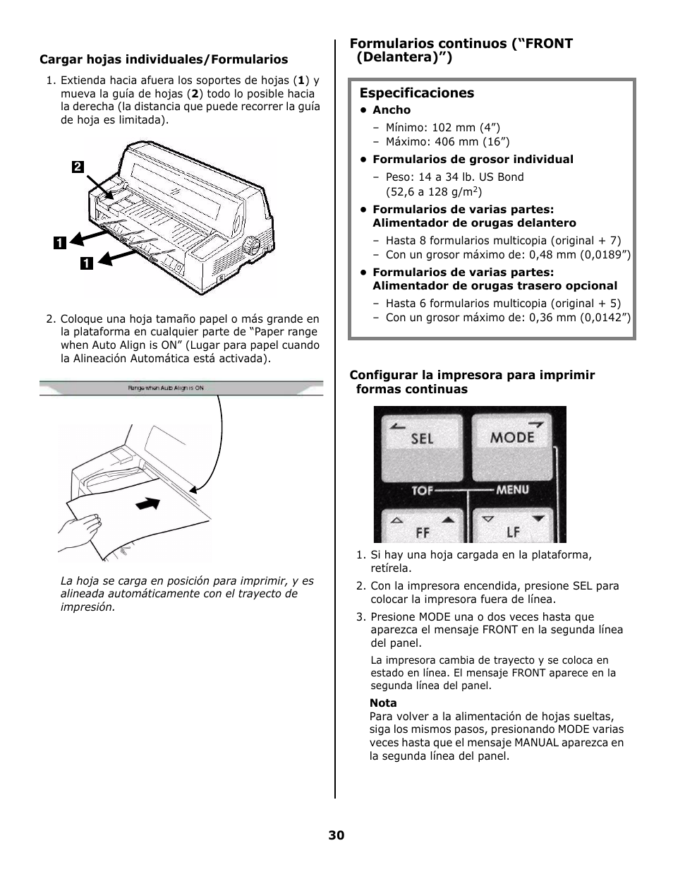 Cargar hojas individuales/formularios, Formularios continuos (“front (delantera)”), Especificaciones | Oki 8810 User Manual | Page 30 / 44