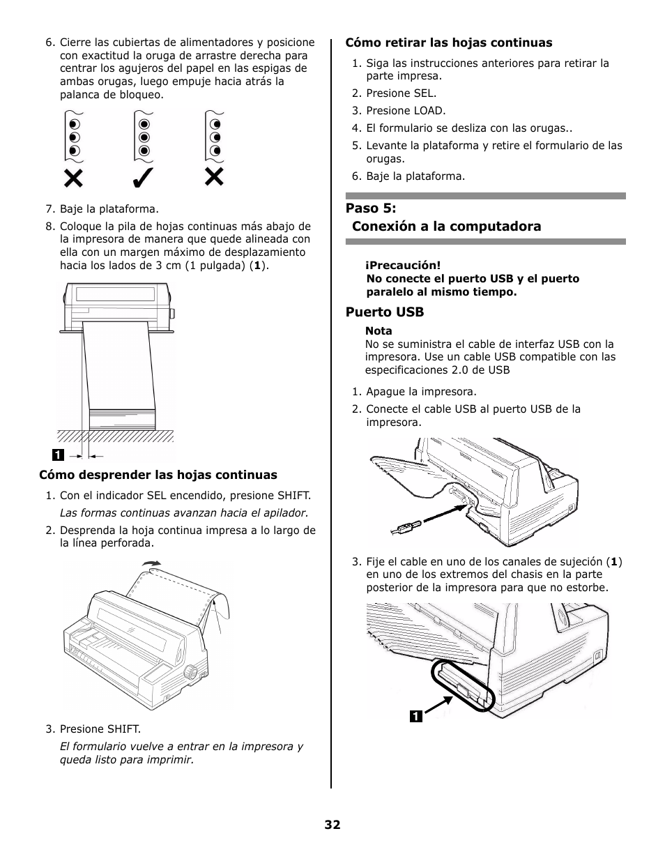 Cómo desprender las hojas continuas, Cómo retirar las hojas continuas, Paso 5 | Conexión a la computadora, Puerto usb | Oki 8810 User Manual | Page 32 / 44