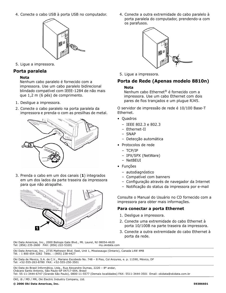 Porta paralela, Porta de rede (apenas modelo 8810n), Para conectar a porta ethernet | Oki 8810 User Manual | Page 44 / 44