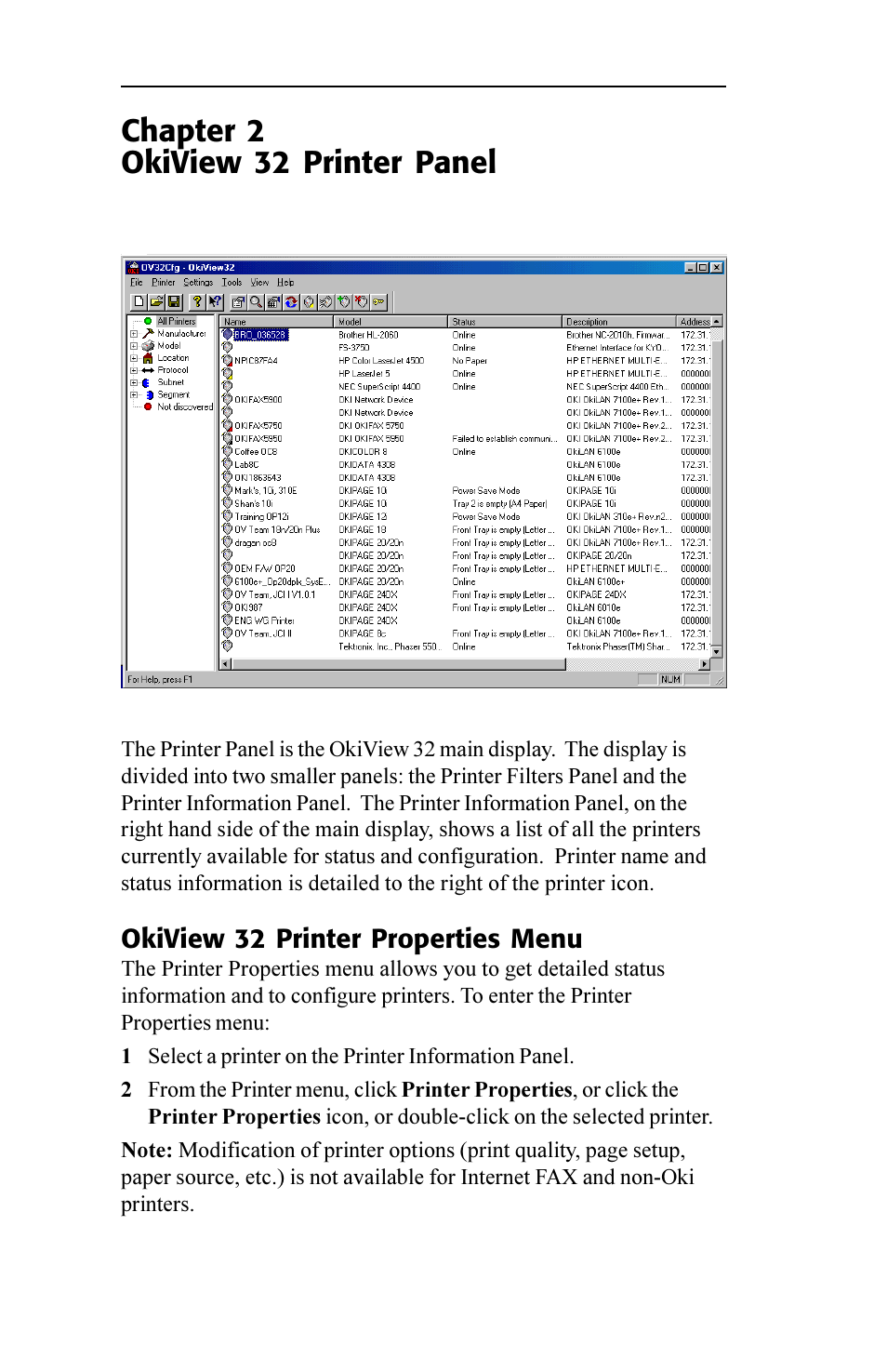 Okiview 32 printer panel, Chapter 2 okiview 32 printer panel | Oki 6120E User Manual | Page 212 / 222