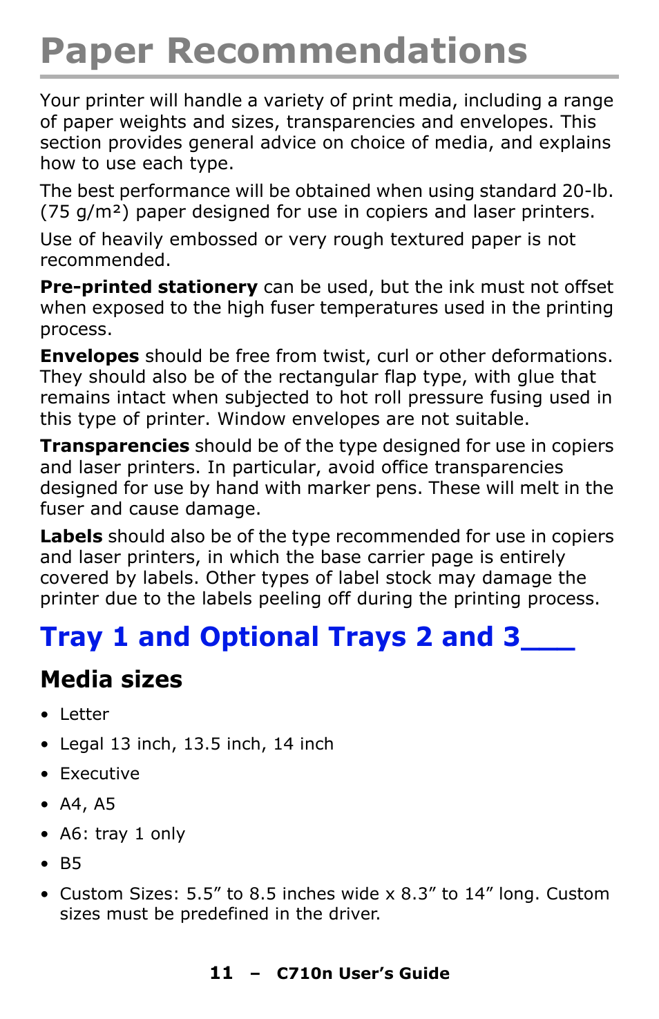 Paper recommendations, Tray 1 and optional trays 2 and 3, Media sizes | Oki C710n User Manual | Page 11 / 101