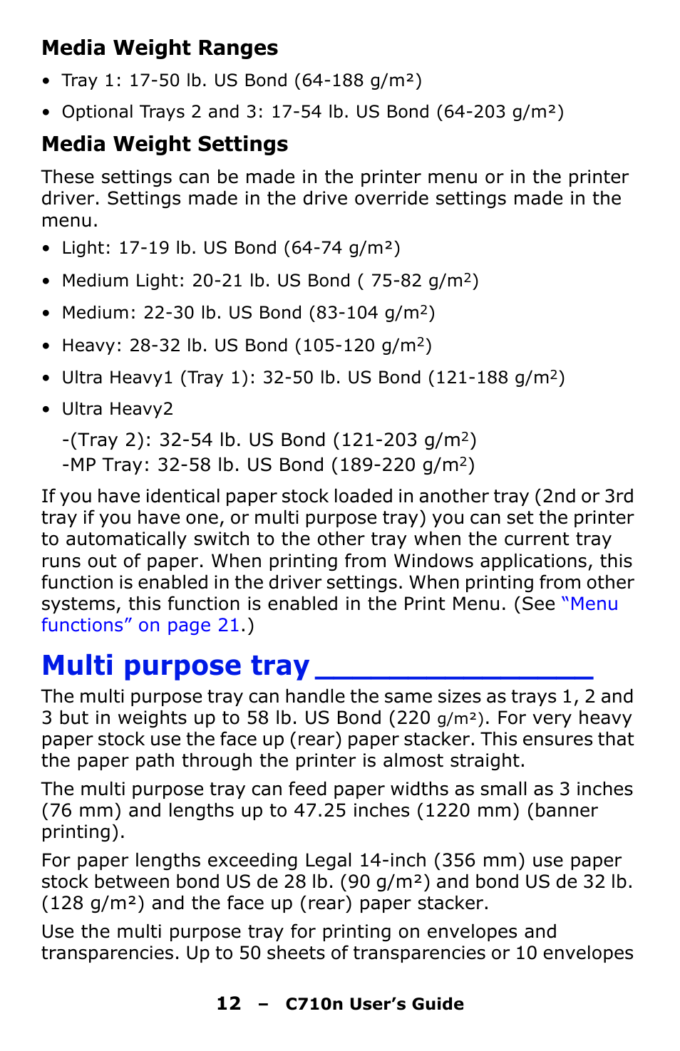 Media weight ranges, Media weight settings, Multi purpose tray | Oki C710n User Manual | Page 12 / 101