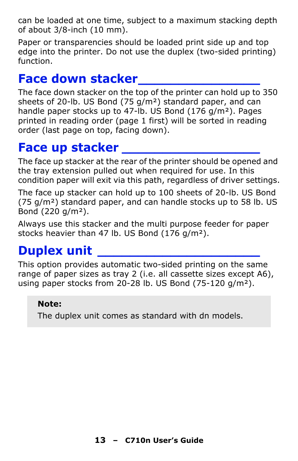 Face down stacker, Face up stacker, Duplex unit | Oki C710n User Manual | Page 13 / 101