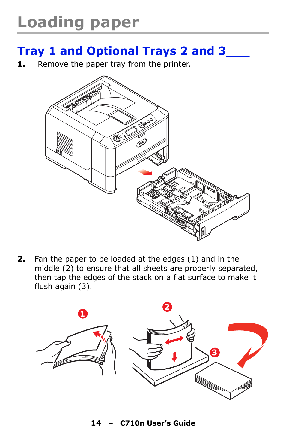 Loading paper, Tray 1 and optional trays 2 and 3 | Oki C710n User Manual | Page 14 / 101