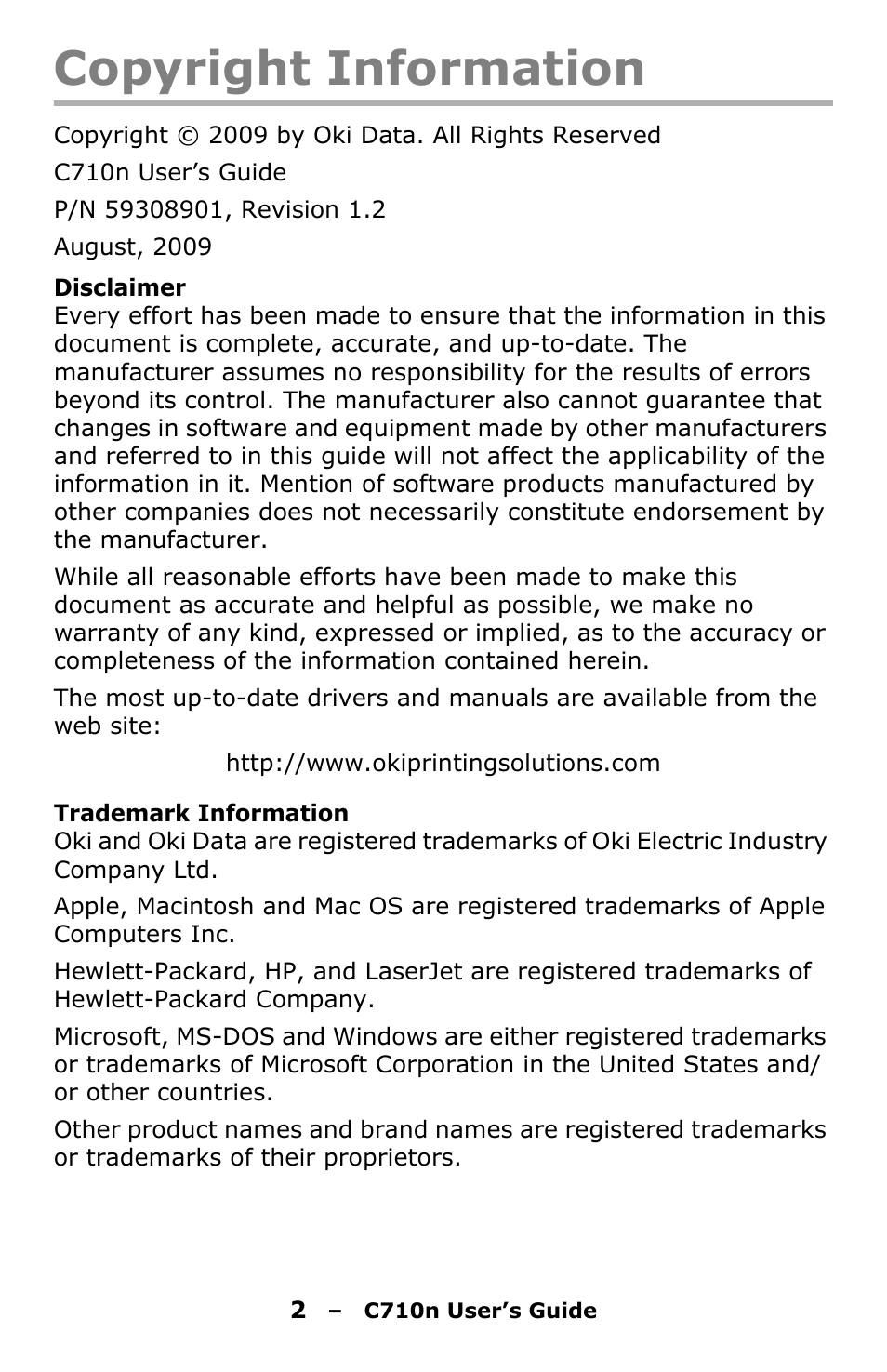 Copyright information | Oki C710n User Manual | Page 2 / 101
