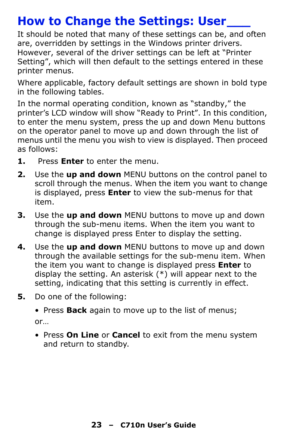 How to change the settings: user | Oki C710n User Manual | Page 23 / 101