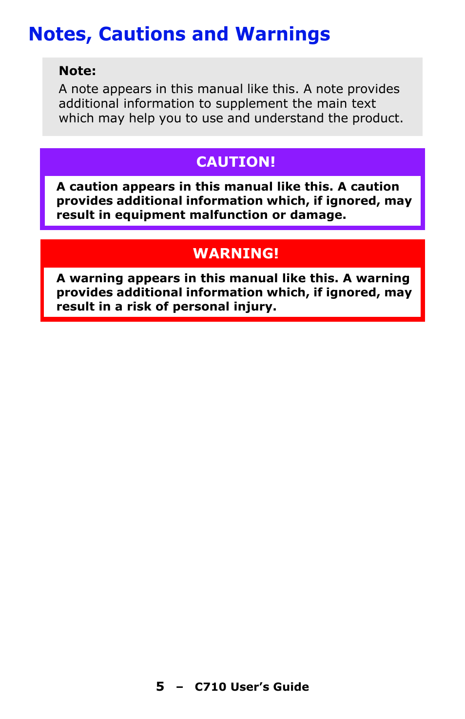 Notes, cautions and warnings | Oki C710n User Manual | Page 5 / 101