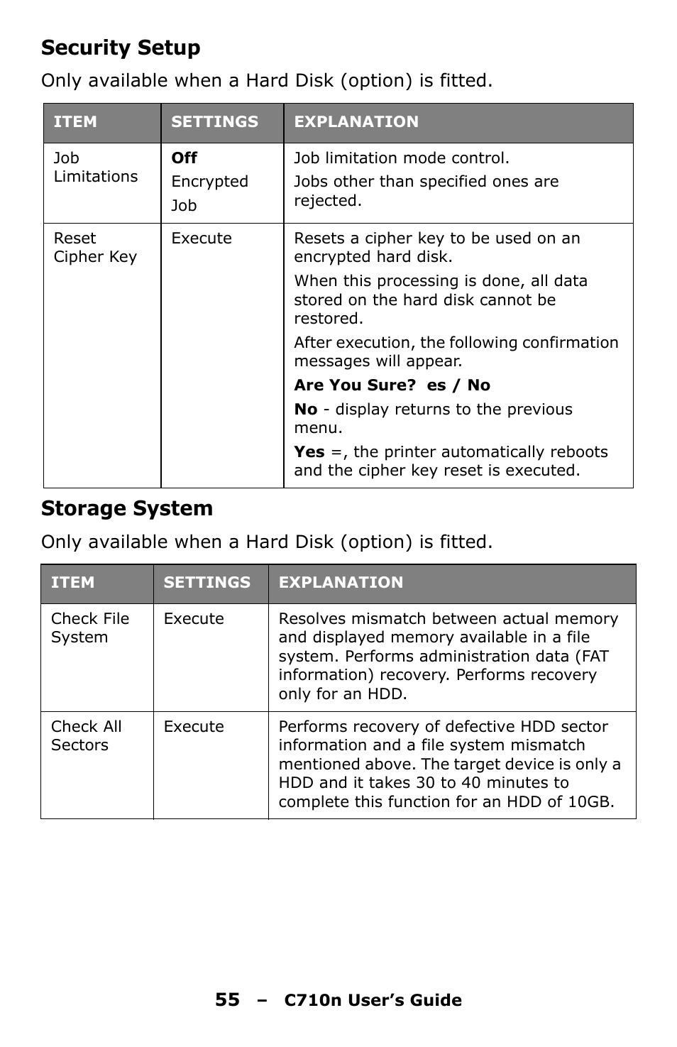 Security setup, Storage system | Oki C710n User Manual | Page 55 / 101