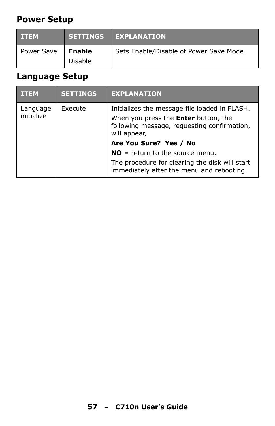 Power setup, Language setup, Power setup language setup | Oki C710n User Manual | Page 57 / 101