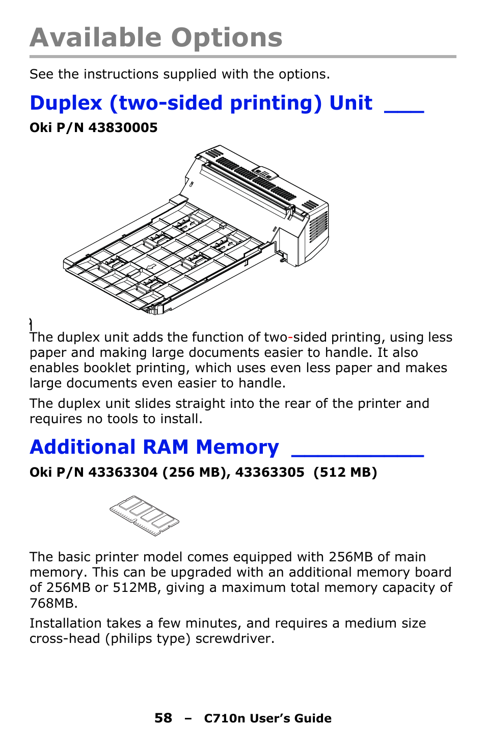 Available options, Duplex (two-sided printing) unit, Additional ram memory | Oki C710n User Manual | Page 58 / 101