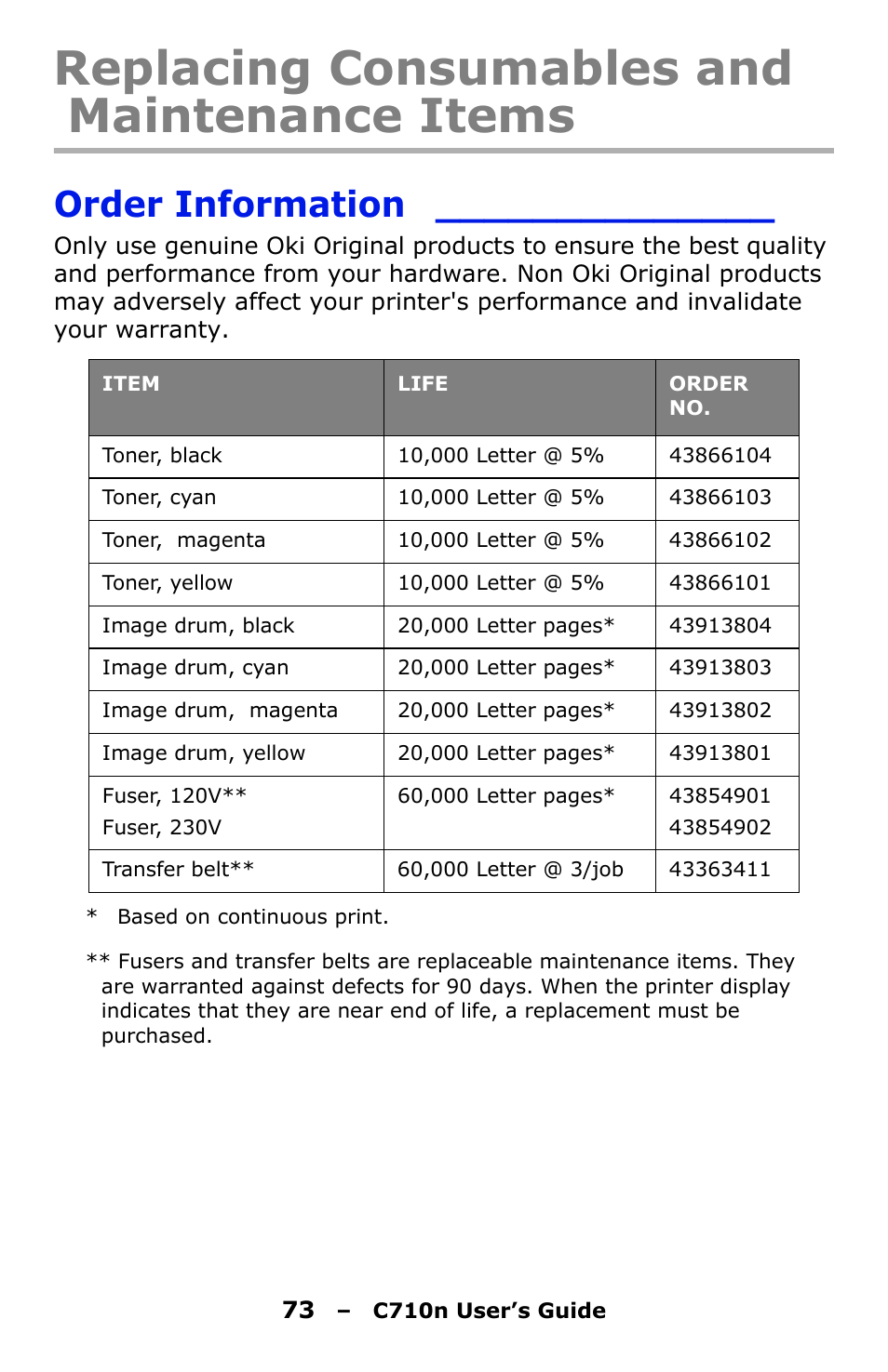Replacing consumables and maintenance items, Order information | Oki C710n User Manual | Page 73 / 101