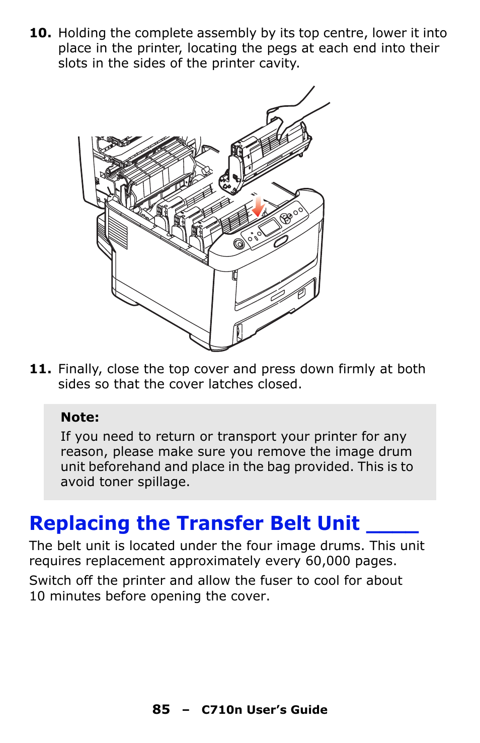 Replacing the transfer belt unit | Oki C710n User Manual | Page 85 / 101