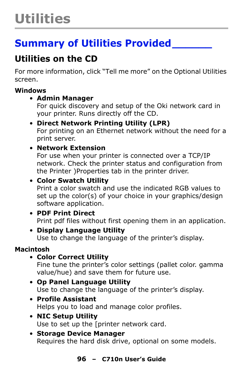 Utilities, Summary of utilities provided, Utilities on the cd | Oki C710n User Manual | Page 96 / 101