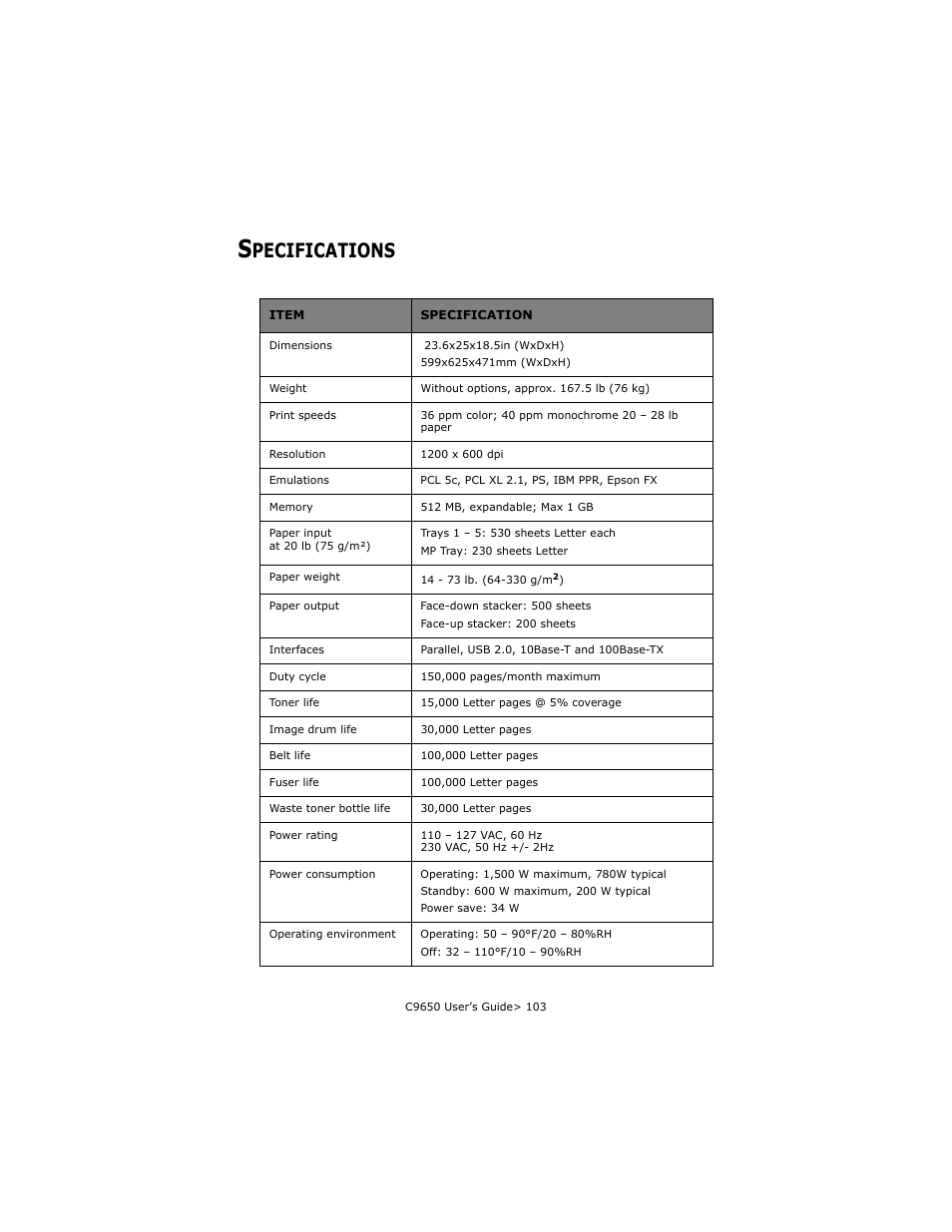 Specifications, Pecifications | Oki C 9650dn User Manual | Page 103 / 126