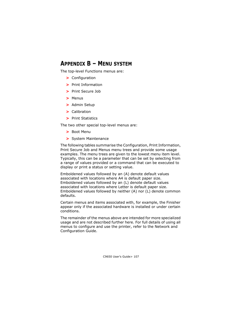 Appendix b - menu system, Appendix b – menu system, Appendix b – menu system” on | B – m, Ppendix, System | Oki C 9650dn User Manual | Page 107 / 126