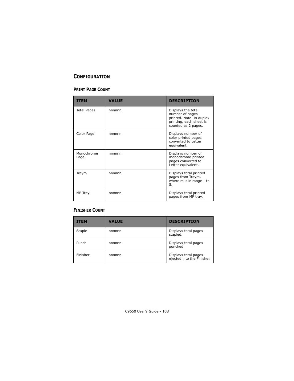 Configuration, Finisher count | Oki C 9650dn User Manual | Page 108 / 126