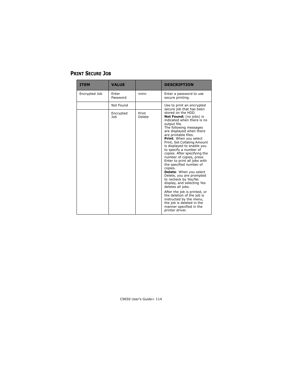 Print secure job | Oki C 9650dn User Manual | Page 114 / 126