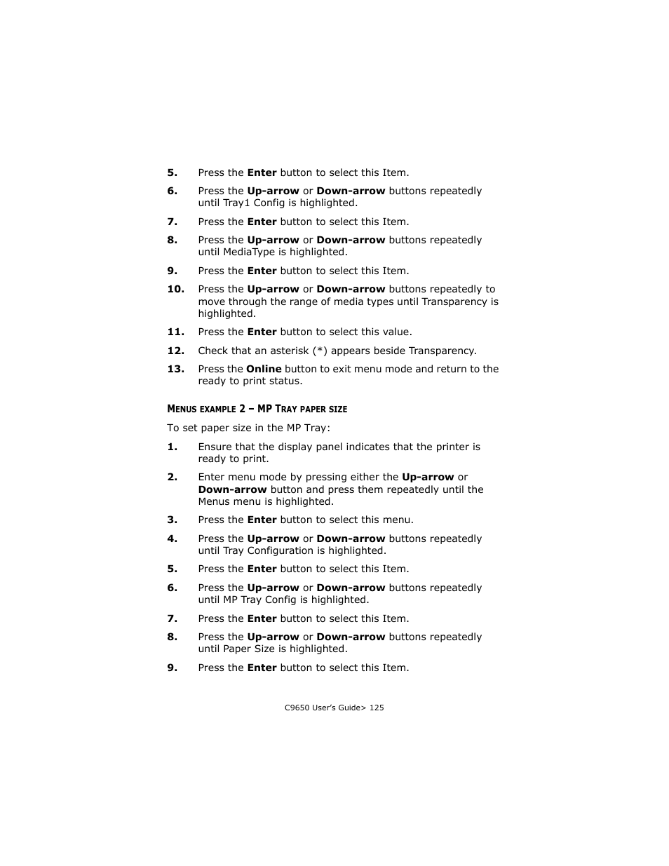 Menus example 2 - mp tray paper size, Menus example 2 – mp tray paper size | Oki C 9650dn User Manual | Page 125 / 126