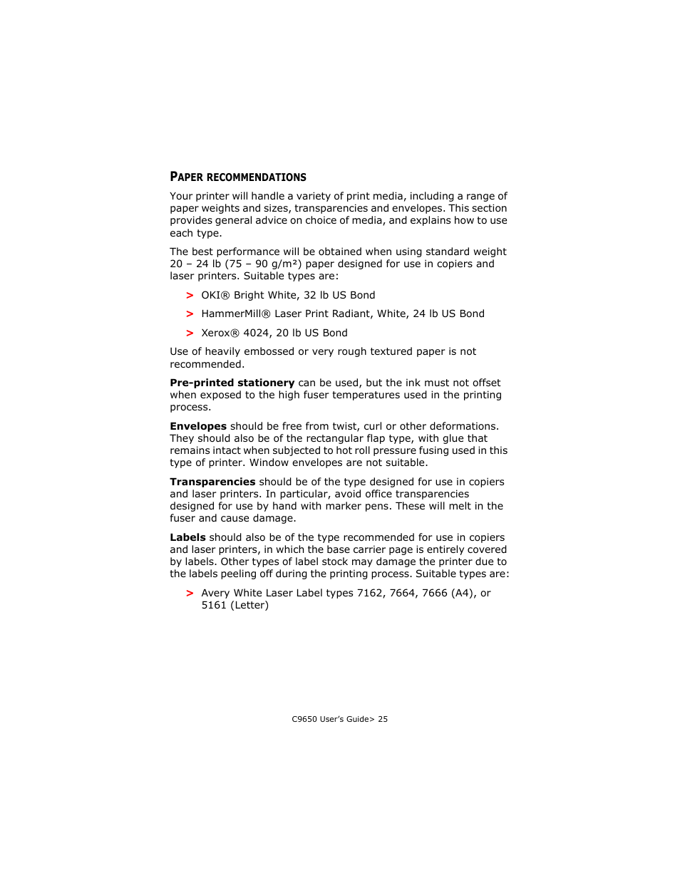 Paper recommendations | Oki C 9650dn User Manual | Page 25 / 126