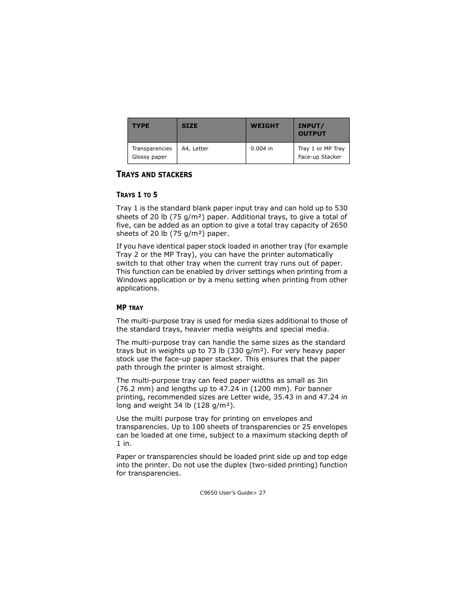 Trays and stackers, Trays 1 to 5, Mp tray | Trays 1 to 5 mp tray | Oki C 9650dn User Manual | Page 27 / 126