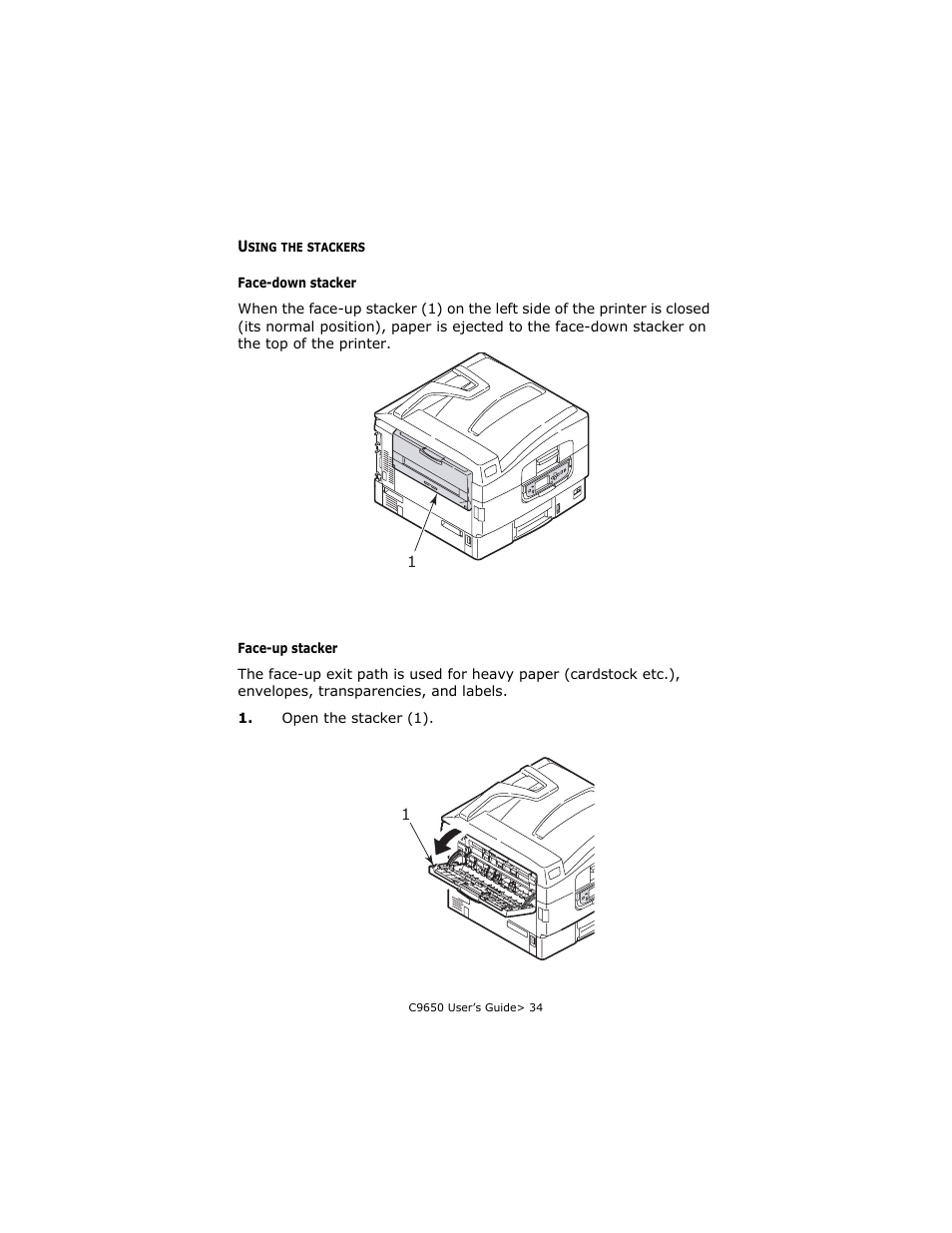 Using the stackers, Face-down stacker, Face-up stacker | Oki C 9650dn User Manual | Page 34 / 126