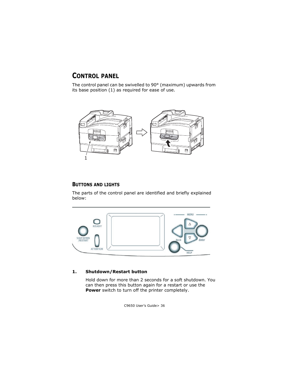 Control panel, Buttons and lights | Oki C 9650dn User Manual | Page 36 / 126