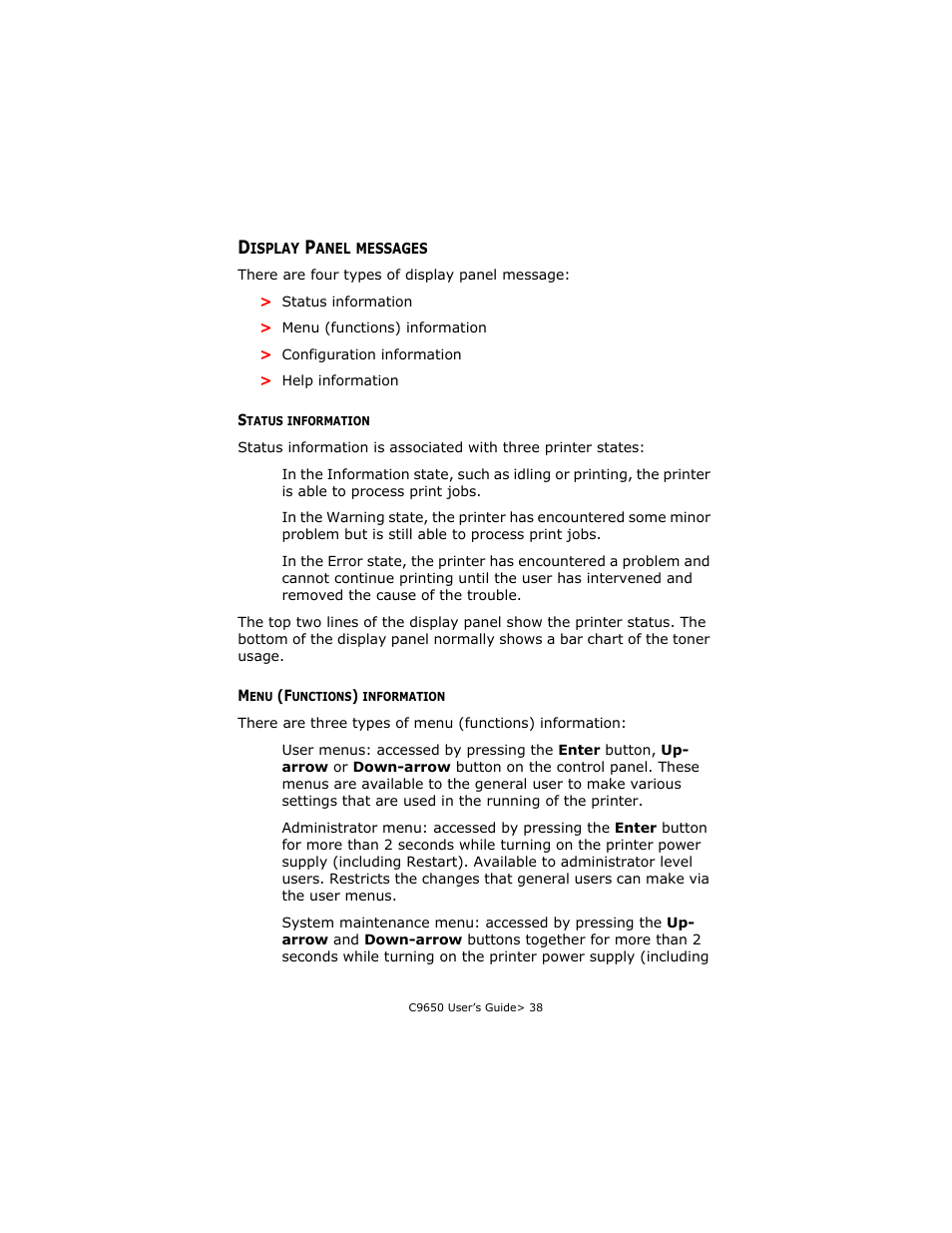 Display panel messages, Status information, Menu (functions) information | Status information menu (functions) information | Oki C 9650dn User Manual | Page 38 / 126