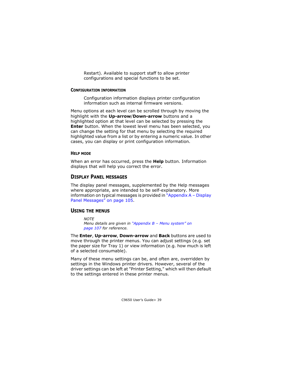 Configuration information, Help mode, Display panel messages | Using the menus, Configuration information help mode, Display panel messages using the menus | Oki C 9650dn User Manual | Page 39 / 126