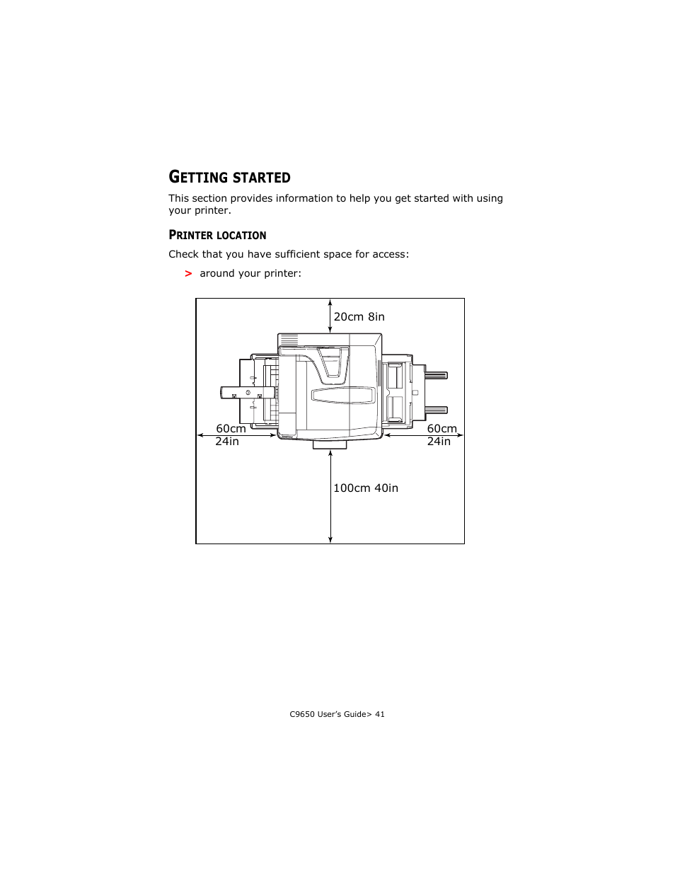 Getting started, Printer location | Oki C 9650dn User Manual | Page 41 / 126