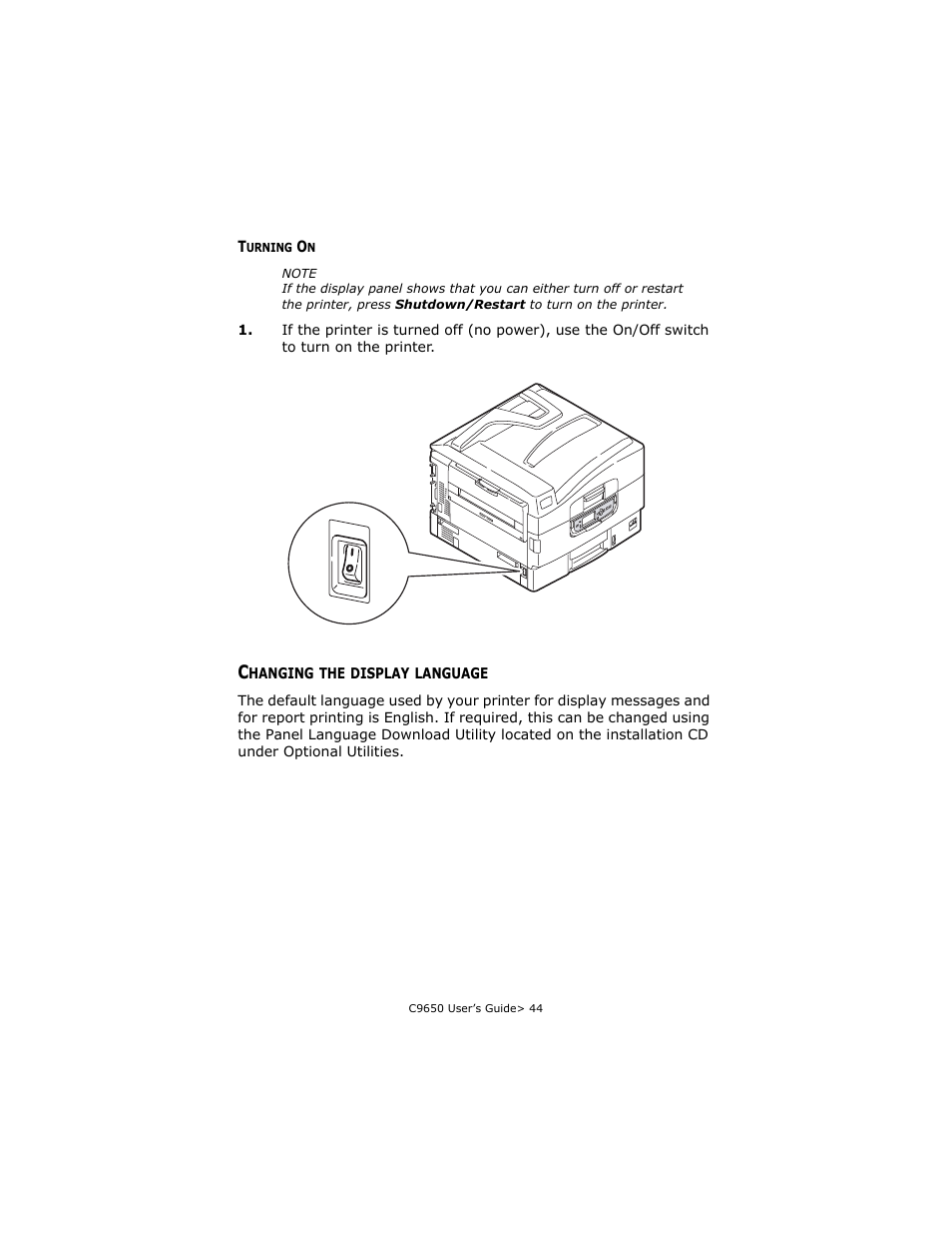 Turning on, Changing the display language | Oki C 9650dn User Manual | Page 44 / 126