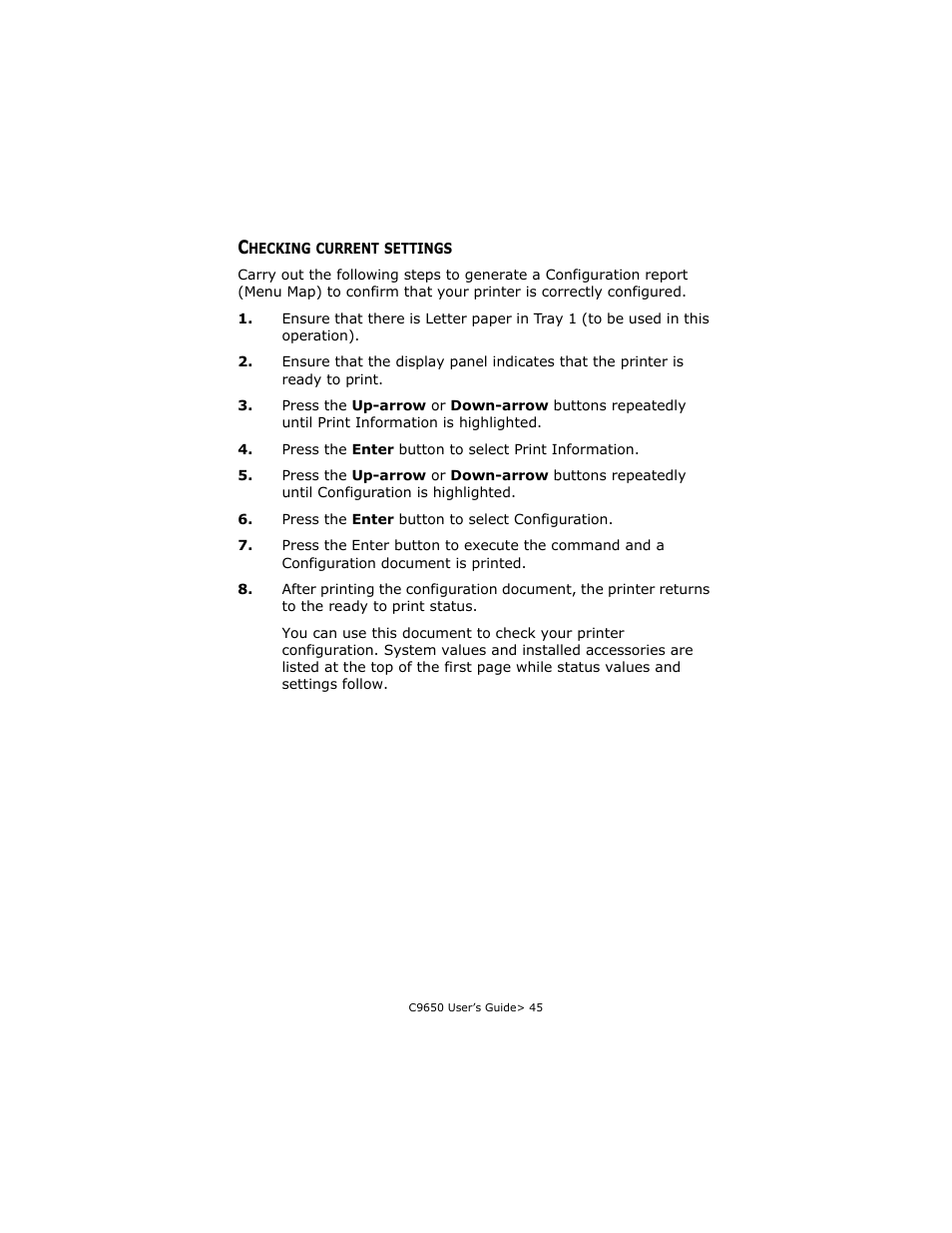 Checking current settings | Oki C 9650dn User Manual | Page 45 / 126