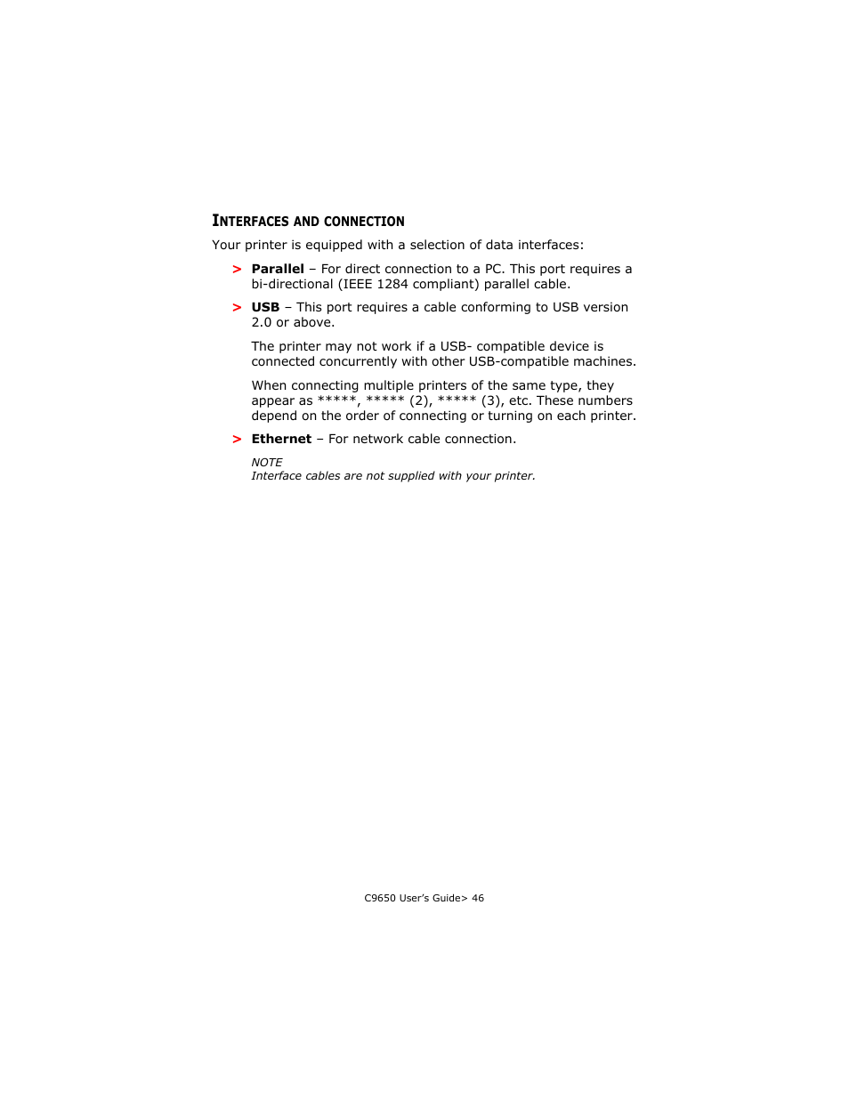 Interfaces and connection | Oki C 9650dn User Manual | Page 46 / 126