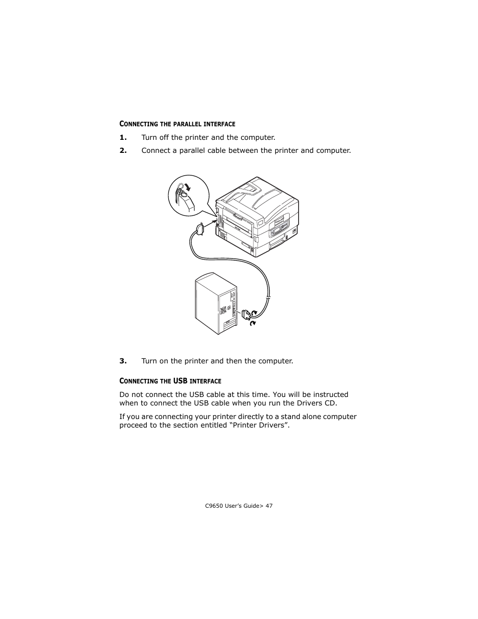 Connecting the parallel interface, Connecting the usb interface | Oki C 9650dn User Manual | Page 47 / 126