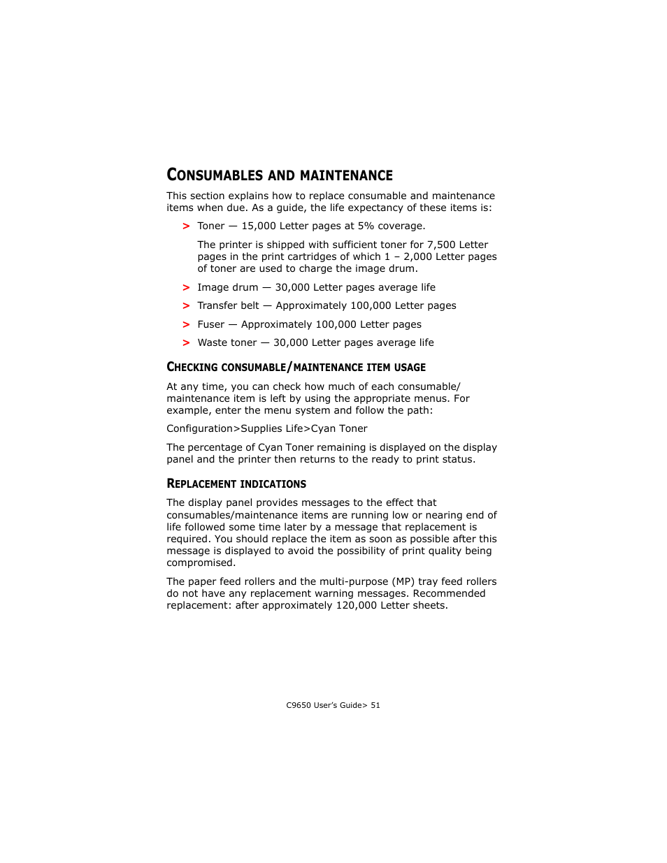 Consumables and maintenance, Checking consumable/maintenance item usage, Replacement indications | Oki C 9650dn User Manual | Page 51 / 126