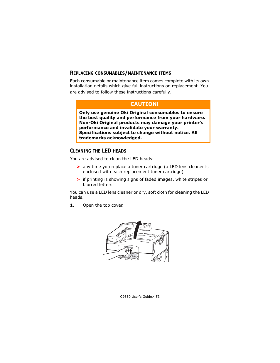 Replacing consumables/maintenance items, Cleaning the led heads | Oki C 9650dn User Manual | Page 53 / 126