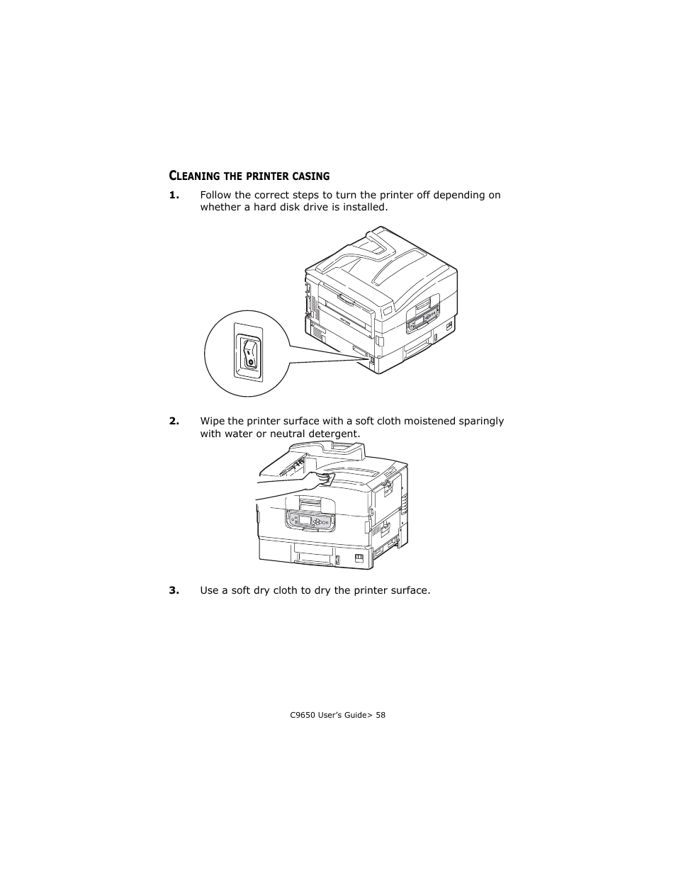 Cleaning the printer casing | Oki C 9650dn User Manual | Page 58 / 126