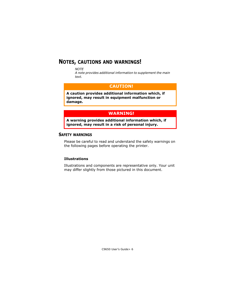 Notes, cautions and warnings, Safety warnings | Oki C 9650dn User Manual | Page 6 / 126