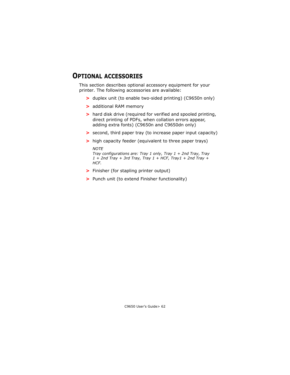 Optional accessories, Ptional, Accessories | Oki C 9650dn User Manual | Page 62 / 126