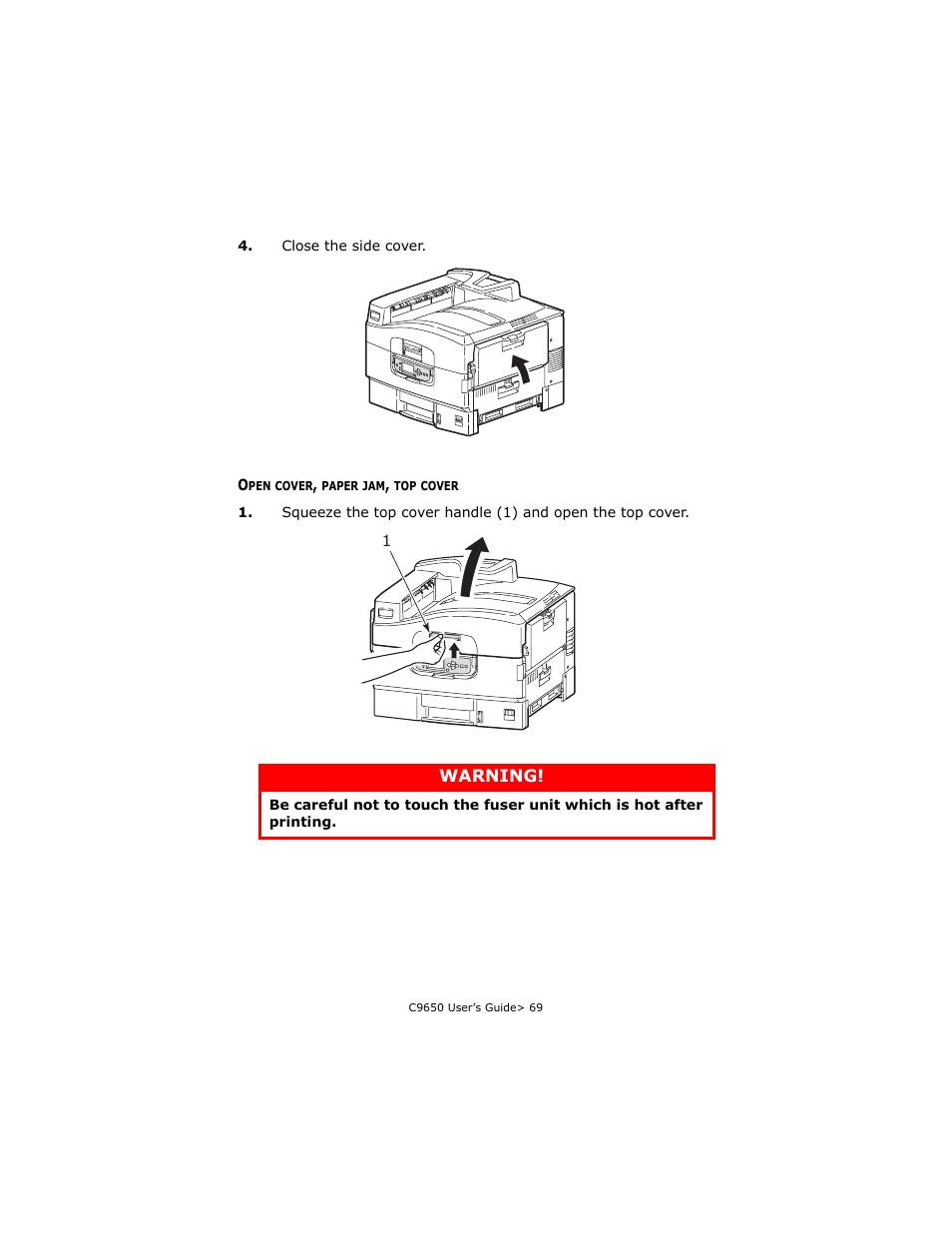 Open cover, paper jam, top cover | Oki C 9650dn User Manual | Page 69 / 126